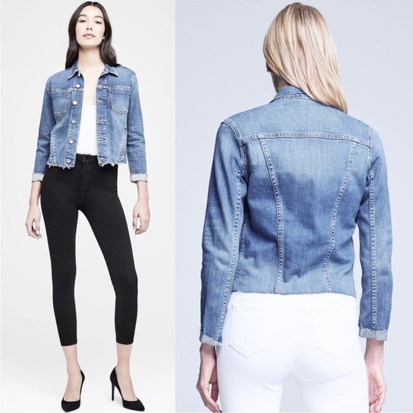 NWT L'AGENCE 90s Distressed Vintage Wash Denim Raw Hem Crop Slim Jean Jacket XS - Picture 5 of 16